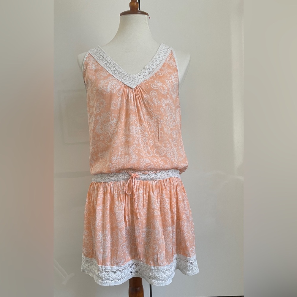 Poupette St Barts Peach and White Dress with Lace trim